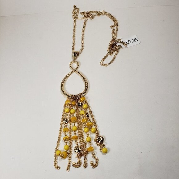 Gold Teardrop Infinity Tassel Necklace — Multi‑Strand Yellow Bead Accent Pendant - Picture 7 of 11